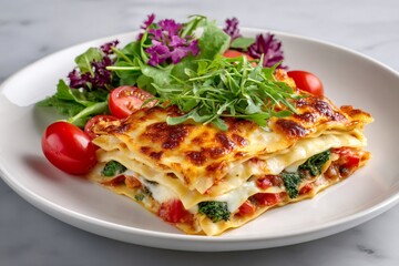 Delicious vegetarian lasagna with salad sitting on white plate