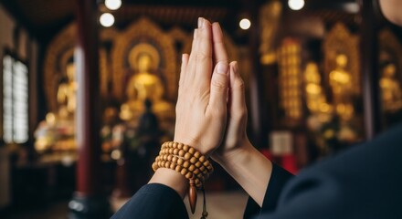 Hands clasped in prayer posture, adorned with wooden beads, inside a temple.