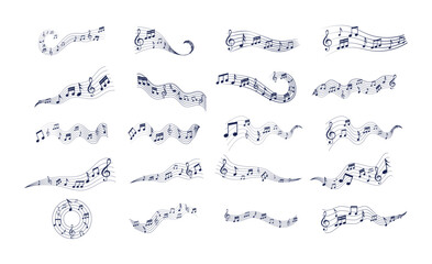 Melodic wave of musical notes vector pack with swirls and curved note symbols, circular and flowing designs.
