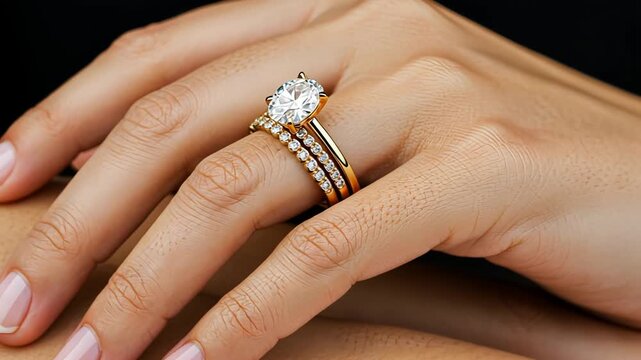 Elegant diamond ring showcase with hand movements and subtle light reflections