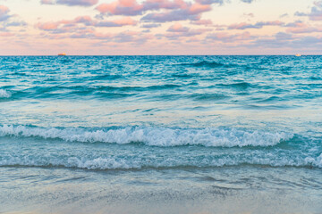 Skyscape with sea horizon. Calm horizon view at sea sunrise. Romantic summer vacation sunrise on...