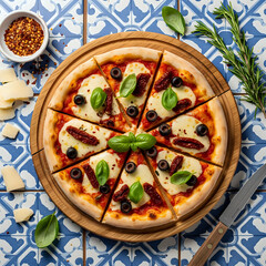 Classic Italian Pizza with Basil Topping on Blue Plate