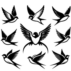 Collection of swallow bird illustrations in various flying poses with detailed wing and tail feathers