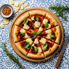 Freshly Baked Pizza with Basil and Mozzarella on Ceramic Plate