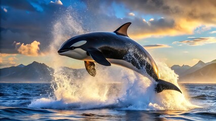 Fototapeta premium An orca whale leaps dramatically from the ocean, creating a massive splash against a backdrop of mountains and a golden sunset sky