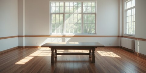 Fototapeta premium Sunlight streams through large windows illuminating an empty room with a wooden table