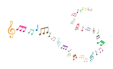 Colorful music notes wave set vector illustration with melody lines, treble clef and decorative musical symbols.