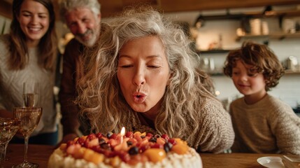 Woman blowing candles on a fruit-covered cake with family cheering around, warm bonding moment, clean and modern interior