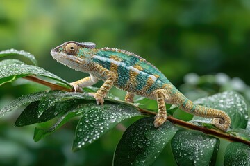 A brightly colored chameleon crawling along a branch covered with lush green leave