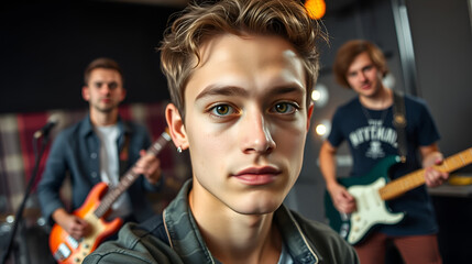 a young man looking at the camera with his bandmates in the background