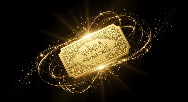 Golden Wonka Grand Prize Ticket with Magical Glowing Trails and Sparkle Effect