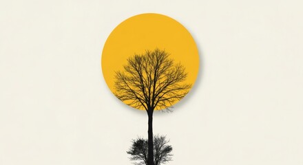Fototapeta premium Silhouette of a bare tree against a bright yellow sun, minimalist artistic design.