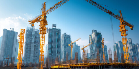 Fototapeta premium Häuser Konstruktion. Baukräne. Häuser sind im Rohbau Architekten Pläne