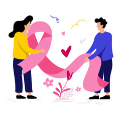 Two People Holding a Pink Ribbon Symbolizing Breast Cancer Awareness and Support.