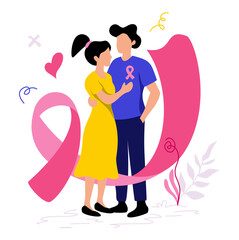 Couple embracing with pink ribbon for breast cancer awareness, floral accents