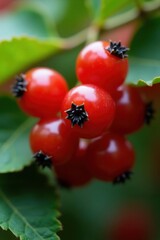Close up of bright red berries with dark centers on a leafy branch