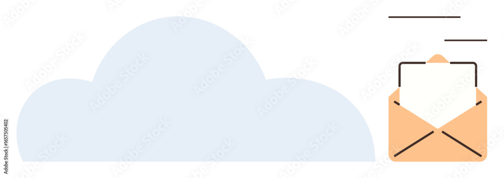 Poster cloud connected to an open envelope with flying message. ideal for data sharing, cloud storage, emai