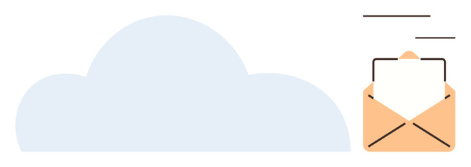 Cloud connected to an open envelope with flying message. Ideal for data sharing, cloud storage, email service, communication, digital networking, technology integration, simple flat metaphor