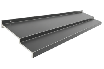 Steel stair tread pan with formed risers and side flanges isolated on a transparent background