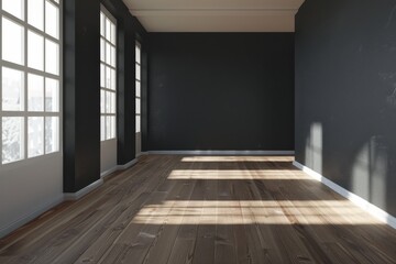 Fototapeta premium An empty room with large windows, dark walls, and a light-brown wooden floor, bathed in soft sunlight.