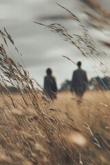 Office colleagues strolling past tall grasses in an open meadow The sound of rustling leaves surrounds them The mood feels freeing and light, Generative AI 