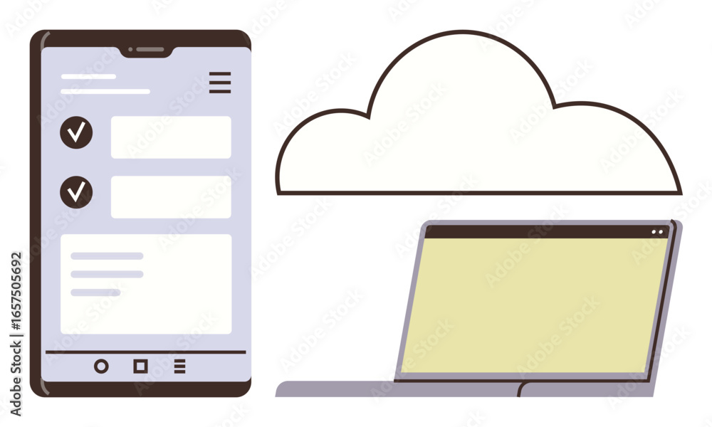 Poster mobile device displaying tasks, laptop, and cloud outline showing remote connectivity, data sharing,