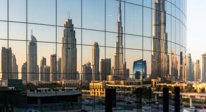 Golden Dubai Skyline Mirrored in a Curved Glass Facade at Sunset. - Powered by Adobe