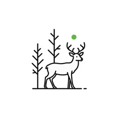 A deer stands confidently in the forest setting, surrounded by stylized trees, represented by a sleek, minimal illustration style.