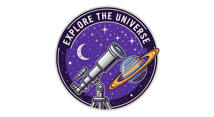 Explore the universe with a telescope and planet sticker isolated on white background for space exploration and astronomy