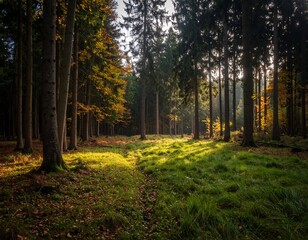 Fototapeta premium Sunlit path through autumn forest