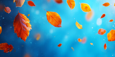 Abstract autumn background with falling leaves on bright blue surface, seasonal background, great for  school  sale, discounts concepts