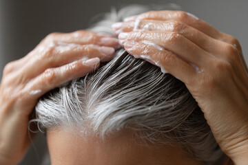 Naklejka premium Close-up of hands spreading nourishing mask through strands of hair