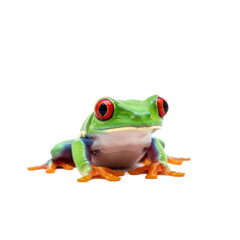Obraz premium A vibrant green red-eyed tree frog is captured in a detailed studio shot against a clean white background.