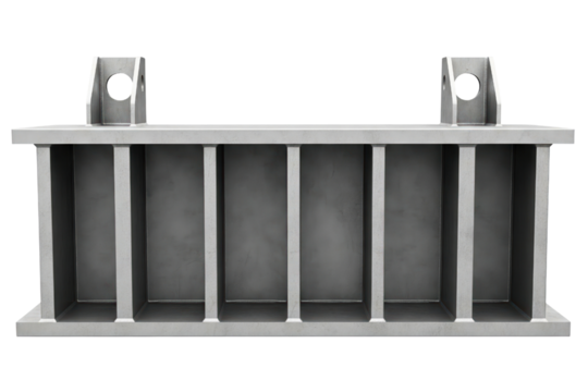 Cast metal counterweight block with lifting lugs and ribs isolated on a transparent background