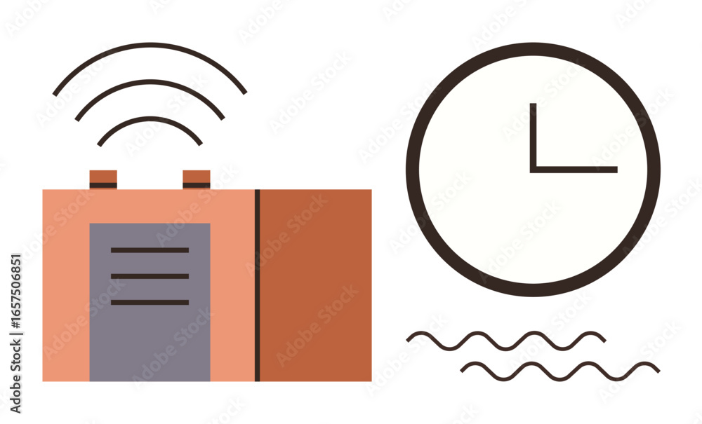Poster wireless alarm clock transmitting signals beside abstract clock face and wave lines. ideal for time 