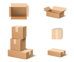 Realistic Cardboard Boxes Vector Set – Open, Closed, and Stacked Packaging