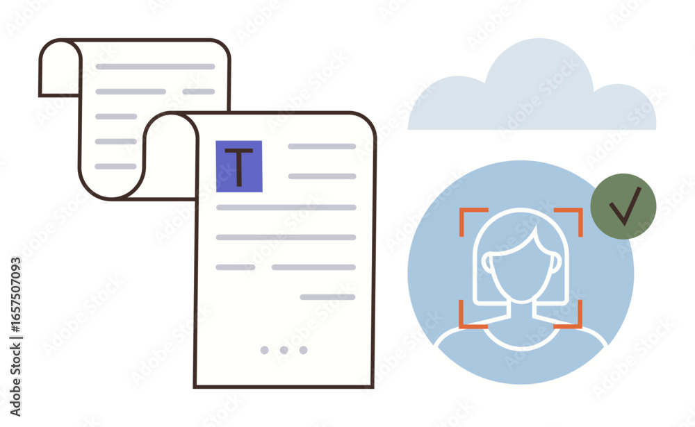 Poster rolled documents next to a face recognition icon featuring a highlighted face and checkmark under a 