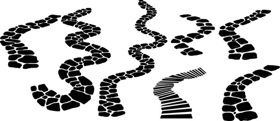 Vector winding stone path black silhouette illustration set Hand drawn stone paths in curved and winding shapes, top view vector style
