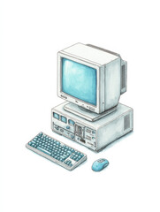 Vintage computer tower with monitor keyboard and mouse watercolor