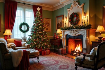 Cozy Christmas Living Room With Decorated Tree And Fireplace