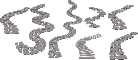 Vector winding stone path illustration set Hand drawn stone paths in curved and winding shapes, top view vector style