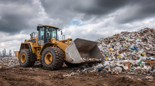 Front loader moving garbage pile at solid waste processing facility for eco-friendly composting