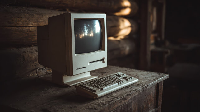 Old obsolete computer on dusty wooden table in dim light