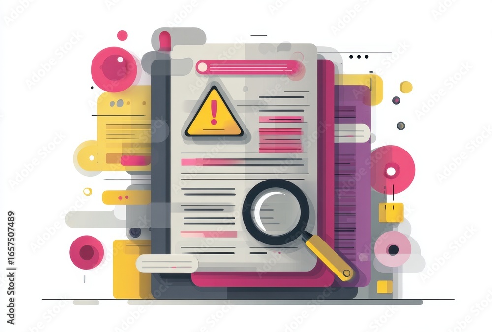 Poster close-up of a digital tablet displaying a warning message with a magnifying glass and colorful abstr