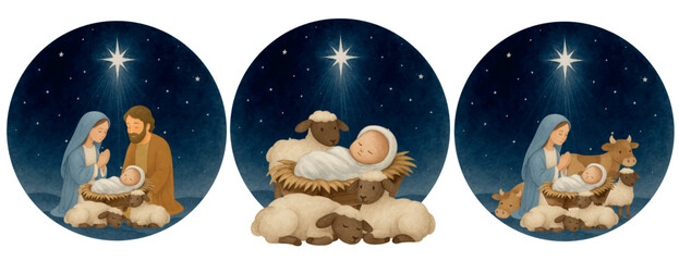 Vector Set of  watercolor Nativity scene cliparts with Baby Jesus, Mary, Joseph, animals and Bethlehem star. Perfect for Christmas cards, crafts, prints and Christian projects. © Julia