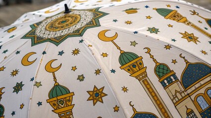 Close Up of Ramadan Umbrella with Crescent Moon Lantern and Mosque Pattern for Islamic Celebration