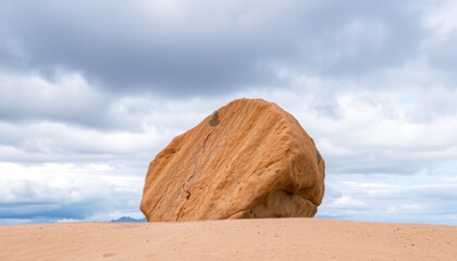 Solitary large rough textured sandstone boulder standing tall against a dramatic cloudy sky