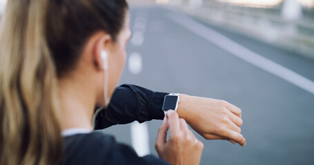 Runner, smart watch and counter with woman in city for performance stats, location tracking and...