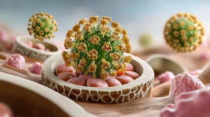 medical scientific illustration showing Hepatitis B virus particles targeting human liver cells (hepatocytes)