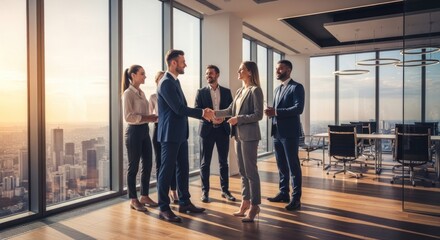 Golden Hour Partnership: Diverse Team Seals Deal in Sunlit Skyscraper Office with City View.